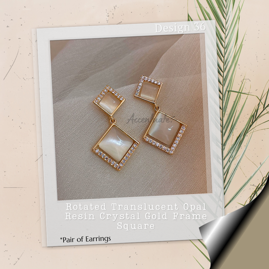 Rotated Translucent Opal Resin Crystal Gold Frame Square - Pair of Earrings