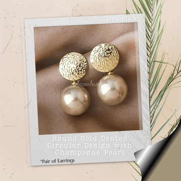 Round Gold Dented Circular Design with Plain Champagne Pearl - Pair of Earrings