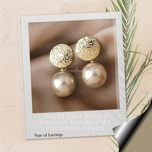Round Gold Dented Circular Design with Plain Champagne Pearl - Pair of Earrings