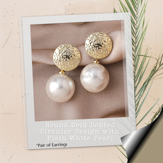 Round Gold Dented Circular Design with Plain White Pearl - Pair of Earrings