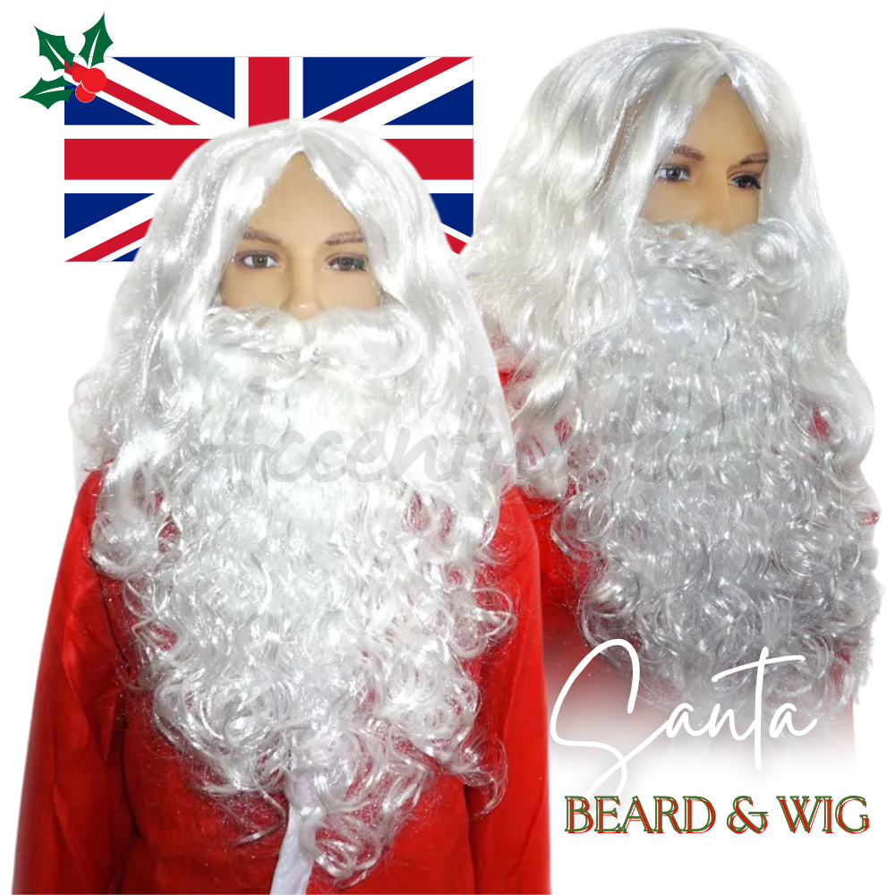Santa beard and wig set with a Union Jack flag in the background