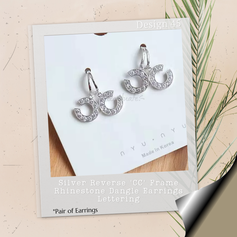 Silver Reverse 'CC' Frame Rhinestone Dangle Earrings Lettering - Pair of Earrings