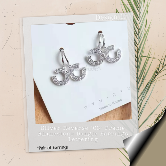 Silver Reverse 'CC' Frame Rhinestone Dangle Earrings Lettering - Pair of Earrings