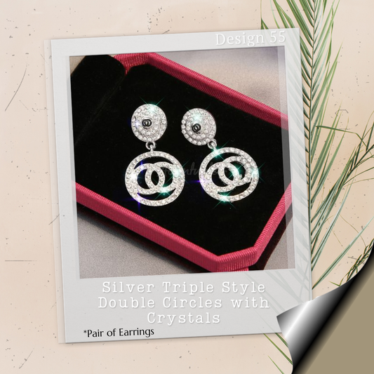 Silver Triple Style Double Circles with Crystals - Pair of Earrings