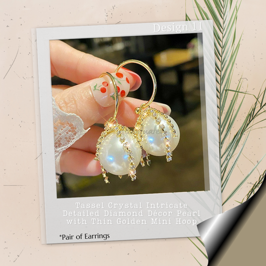 Tassel Diamond Décor Pearl with Thin Mini Gold Hoop - Pair of Earrings