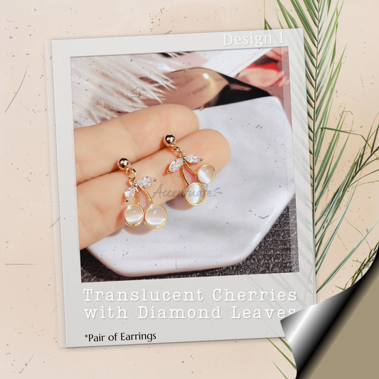 Translucent Cherries with Diamond Leaves - Pair of Earrings