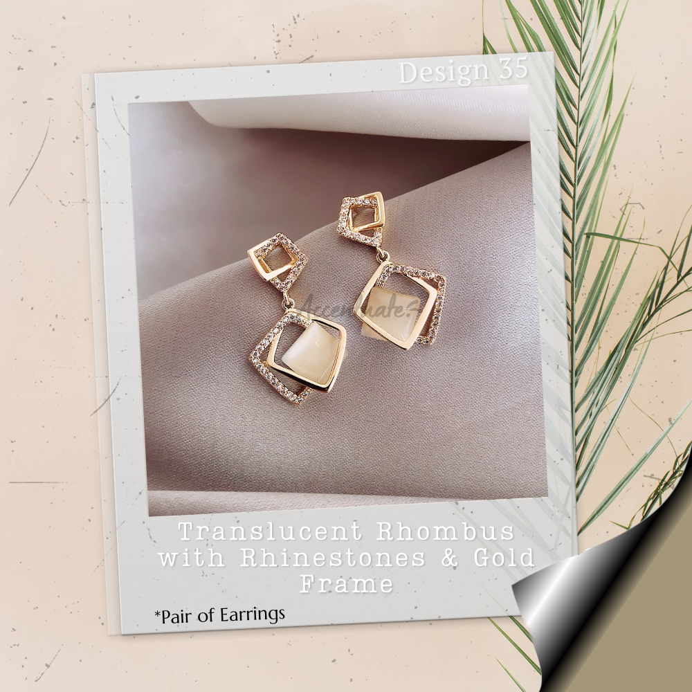 Translucent Rhombus with Rhinestones & Gold Frame - Pair of Earrings