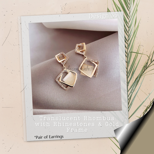 Translucent Rhombus with Rhinestones & Gold Frame - Pair of Earrings