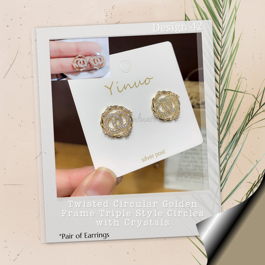 Twisted Circular Golden Frame Triple Style Circles with Crystals - Pair of Earrings