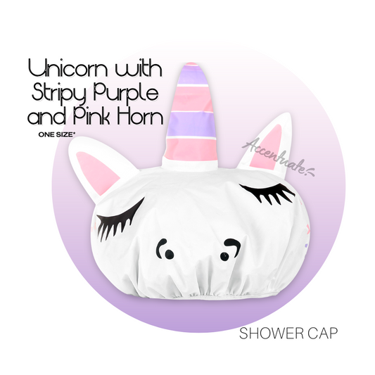 Unicorn w/ Stripy Purple & Pink Horn Design - Shower Cap for Adults & Children