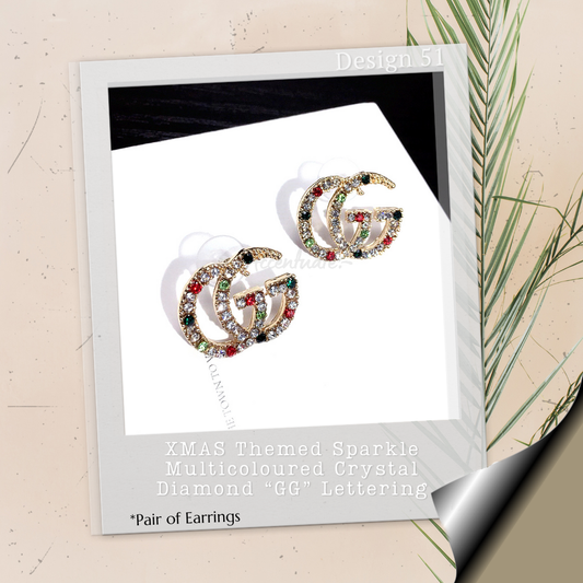XMAS Themed Sparkly Multi-Coloured Crystal Diamond “GG” Lettering - Pair of Earrings