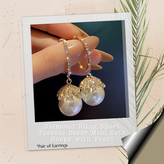 Diamond Bling Short Tassels Décor Mini Gold Hoops with Pearl - Pair of Earrings