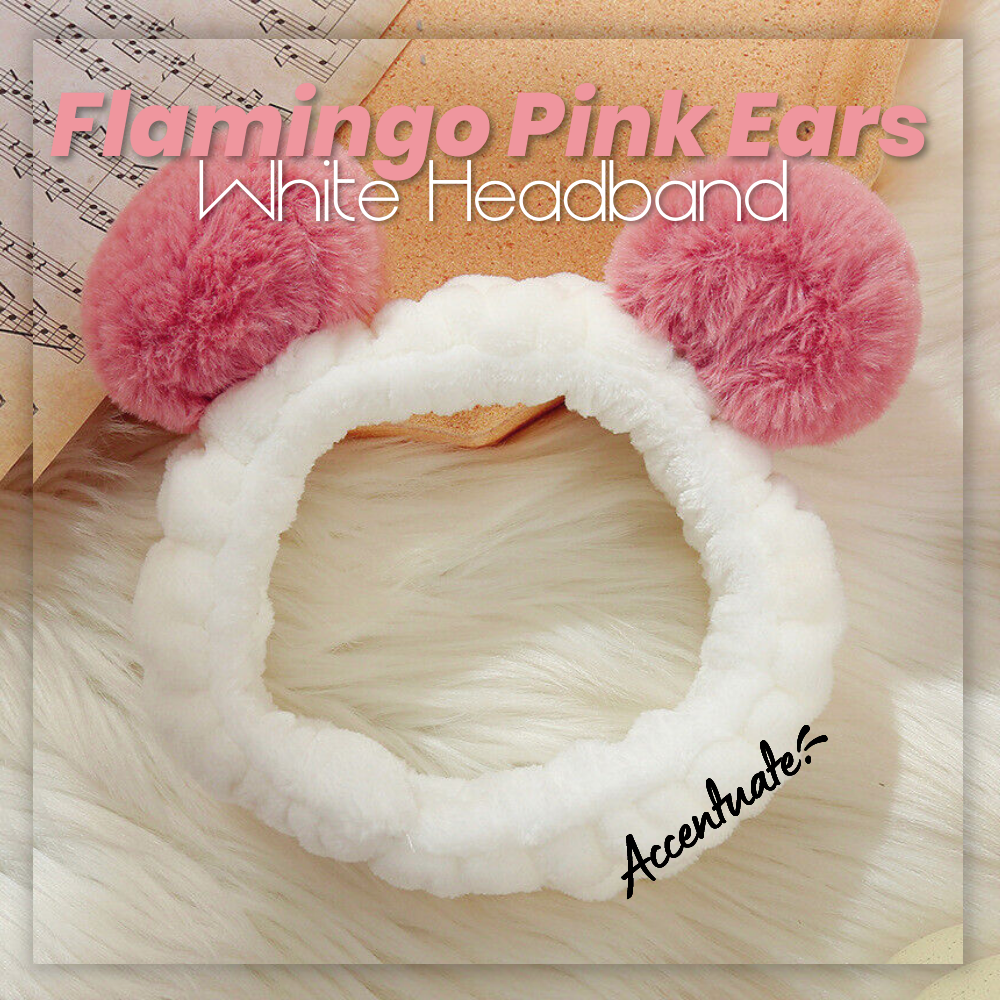 Panda Style: Flamingo Pink Ears & White Plain Spa Headband (Adult Size)