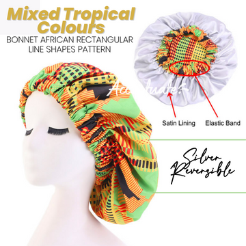 Mixed Tropical / Abstract Pattern Bonnet - Silver Reversible (Adult Size)