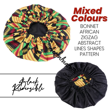 Mixed Tropical / ZigZags Pattern Bonnet - Black Reversible (Adult Size)