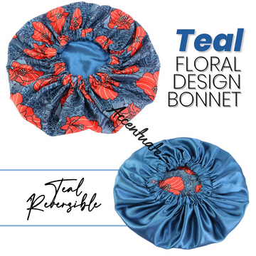 Teal / Floral Pattern Bonnet - Teal Reversible (Adult Size)