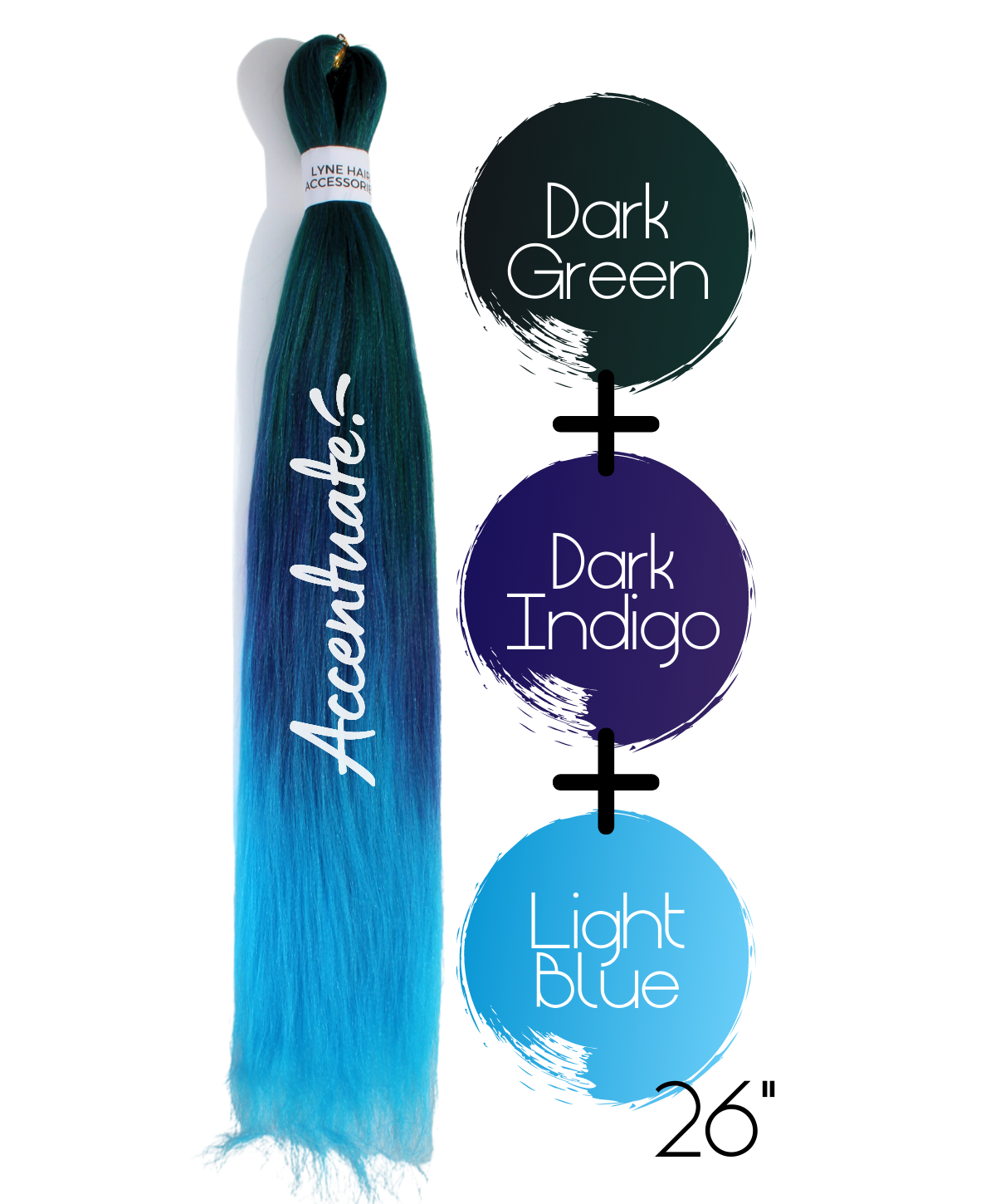26" Dark Green / (Dark) Indigo / Light Blue Pre-Stretched Ombré Hair Extension