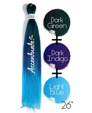 26" Dark Green / (Dark) Indigo / Light Blue Pre-Stretched Ombré Hair Extension