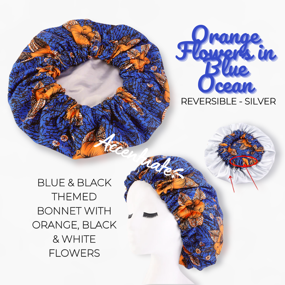 Orange Flowers in Blue Ocean Design / Light Violet Reversible Bonnet (Adult Size)