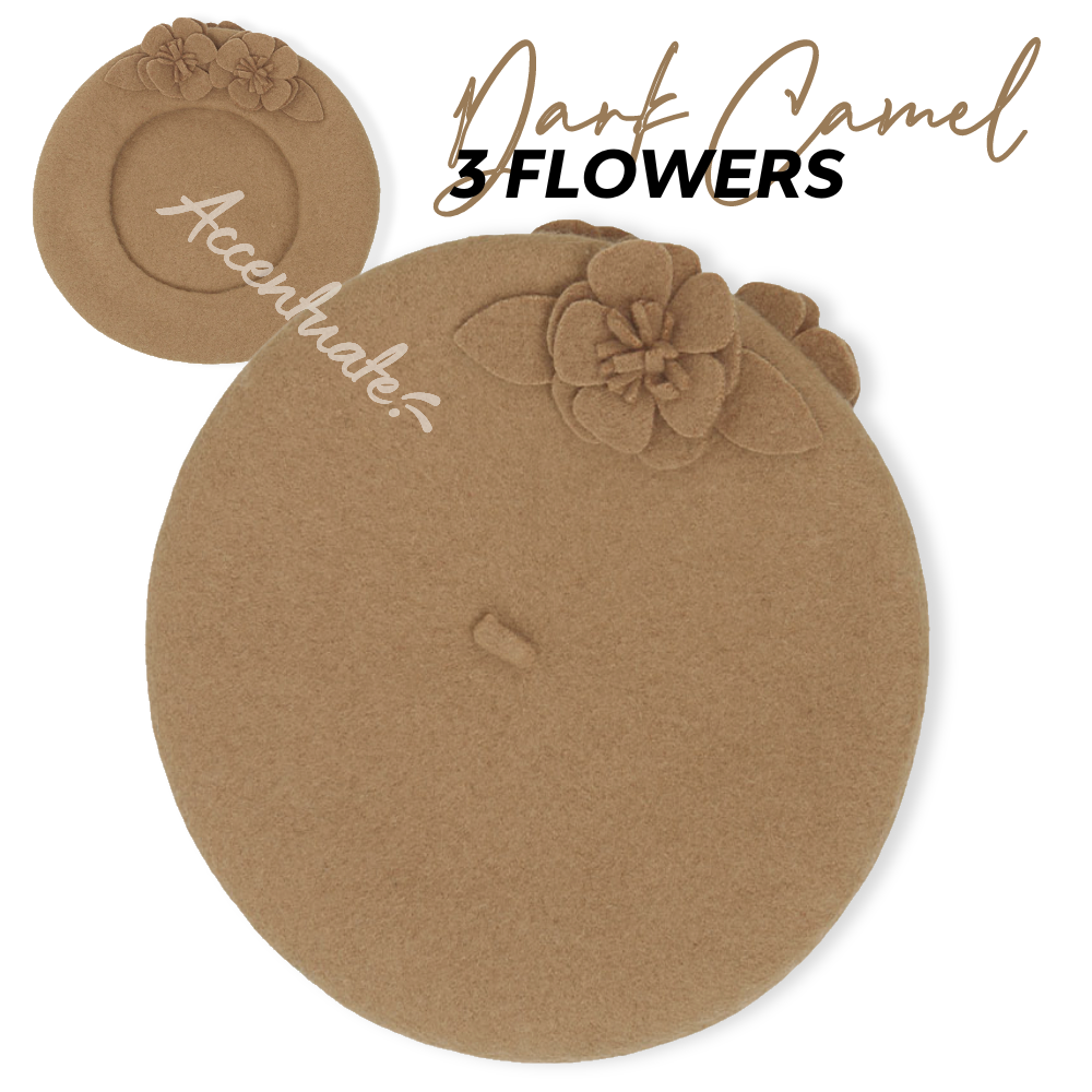 Dark Camel Embroidered Flower Plain Beret (Adult Size)