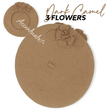 Dark Camel Embroidered Flower Plain Beret (Adult Size)