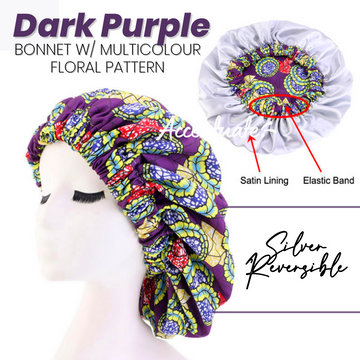 Dark Purple / Multi Floral Pattern Bonnet - Silver Reversible (Adult Size)