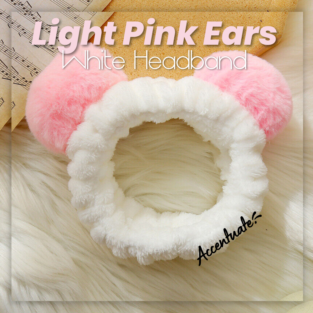 Panda Style: Light Pink Ears & White Plain Spa Headband (Adult Size)