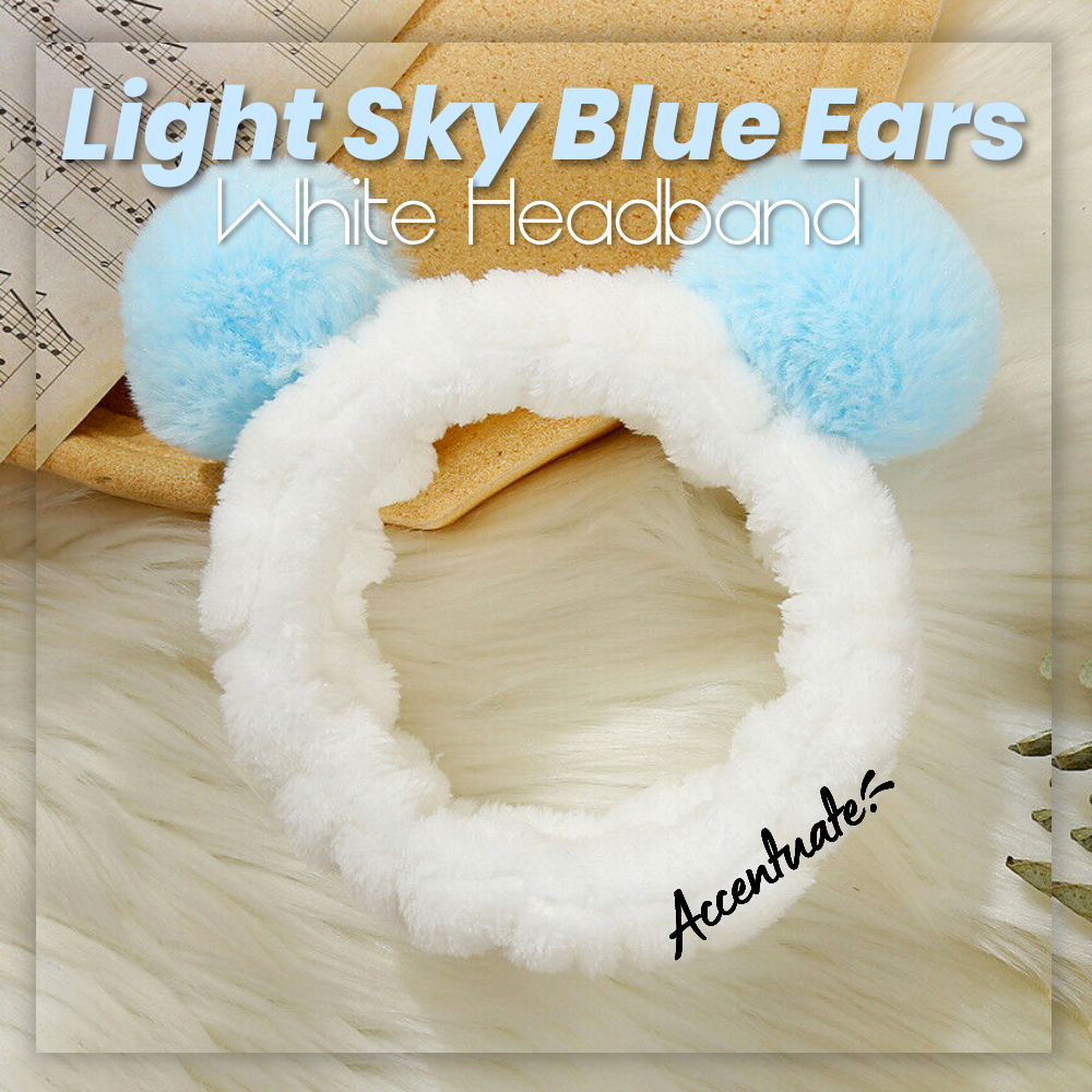 Panda Style: Light Sky Blue Ears & White Plain Spa Headband (Adult Size)