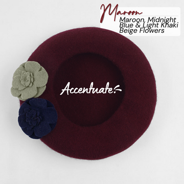 Maroon Beret & 3 Flowers - Maroon, Midnight Blue & Light Khaki Beige (Adult Size)