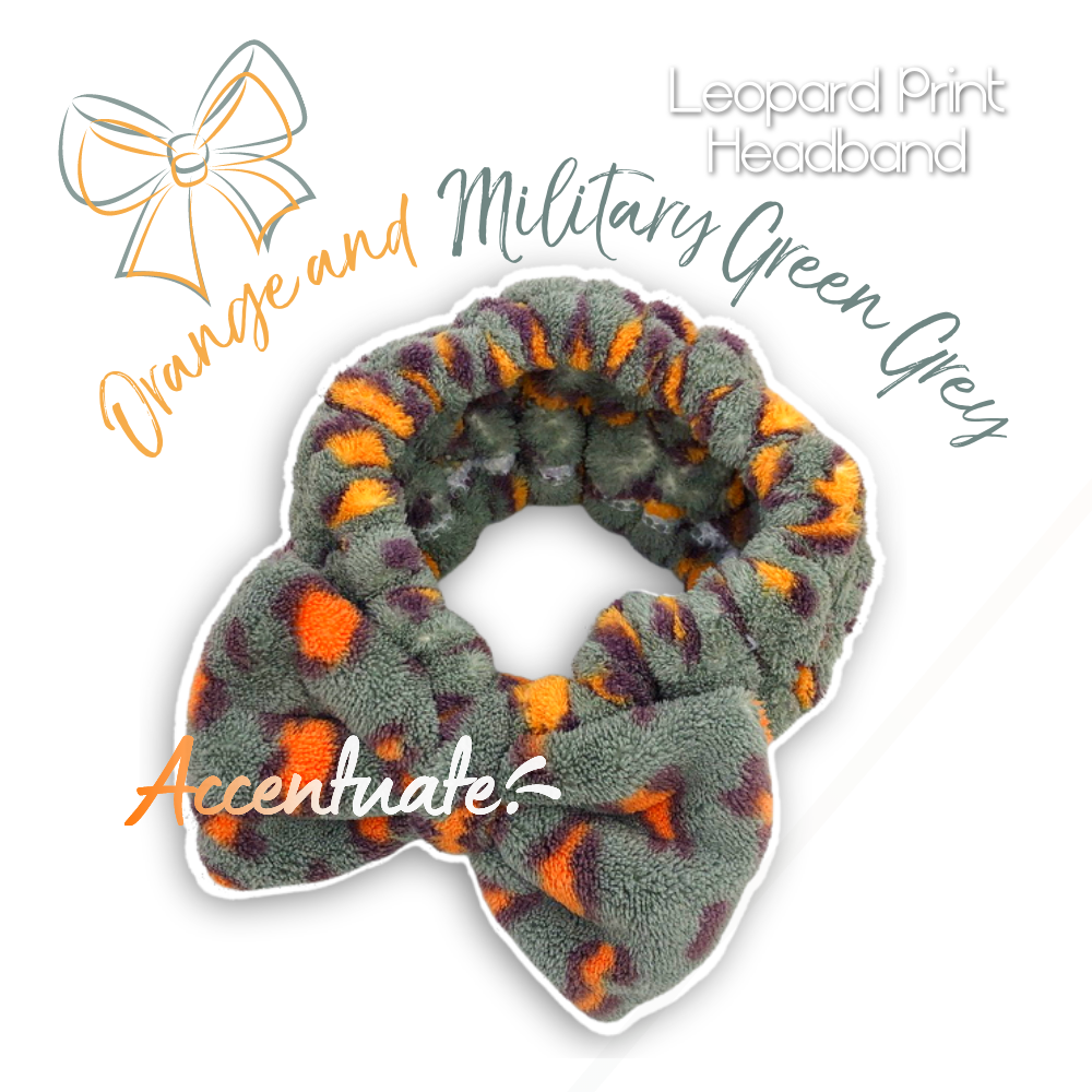 Orange & Military Green Grey Leopard Print Spa Headband