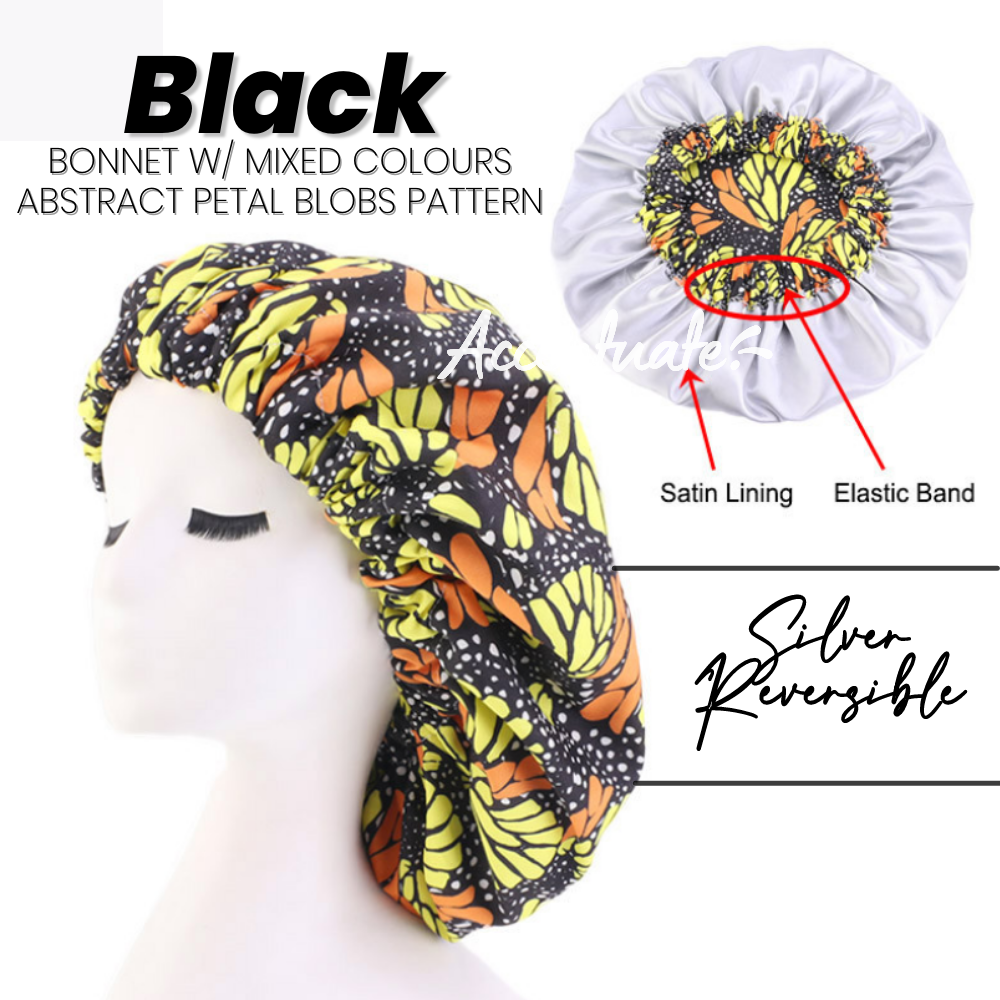 Black / Bright Mixed ‘Petals in Snowfall' Pattern Bonnet - Silver Reversible (Adult Size)