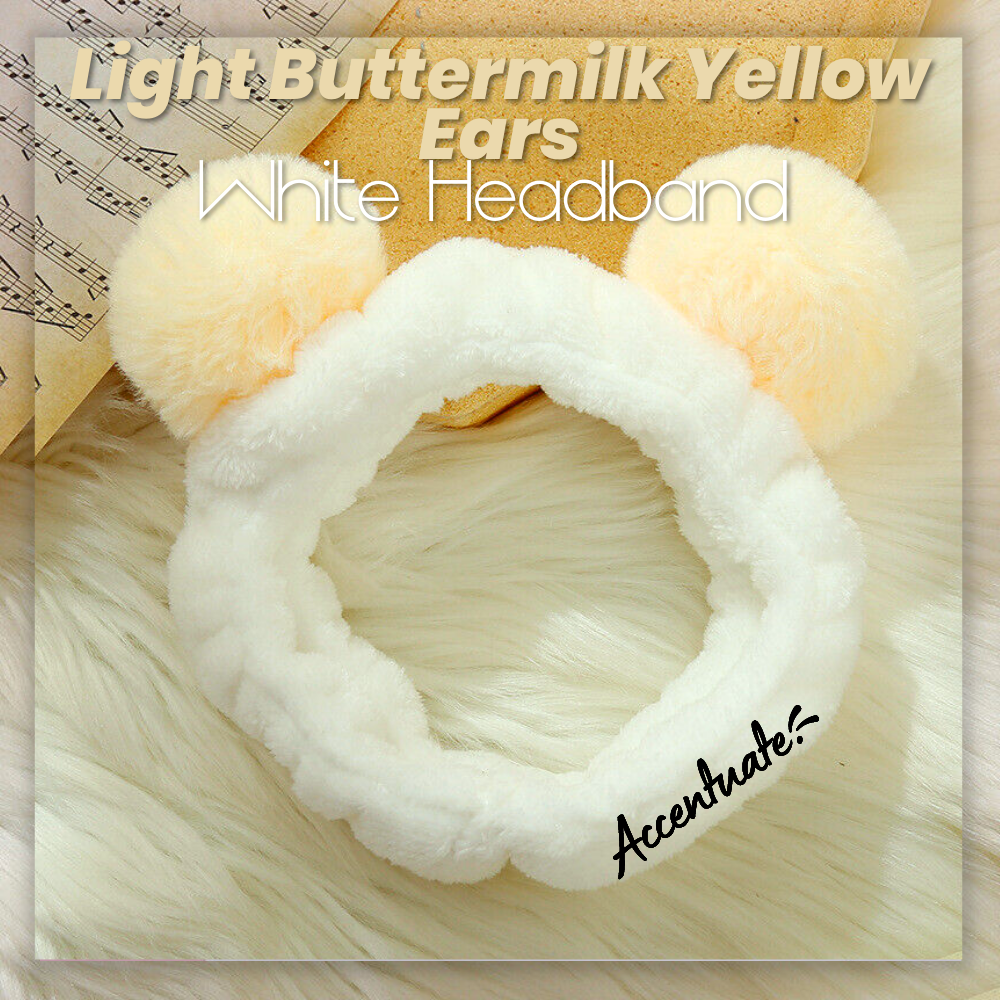 Panda Style: Light Buttermilk Yellow Ears & White Plain Spa Headband (Adult Size)