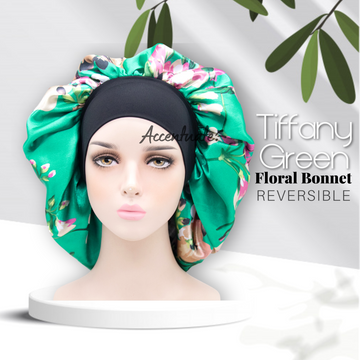 Tiffany Green & Floral Design / Silver Reversible Bonnet with Wide Spandex Band