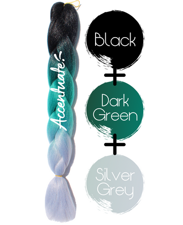 24" Black + Dark Green + Silver Grey Ombré Jumbo Braid Hair Extension