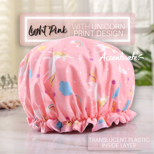 Light Pink with Unicorn Print Design / Translucent Plastic Double Lined Shower Cap Bonnet (Adult Size)