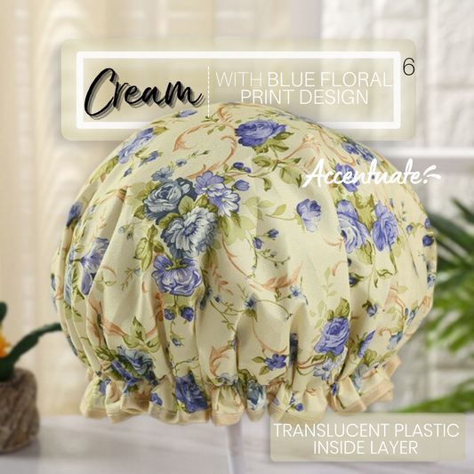 Cream with Blue Floral Print Design / Translucent Plain Plastic Double Lined Shower Cap Bonnet (Adult Size)