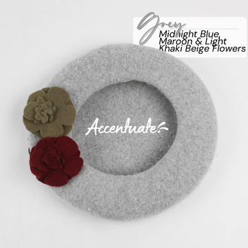 Grey Beret & 3 Flowers - Maroon, Midnight Blue & Light Khaki Beige (Adult Size)